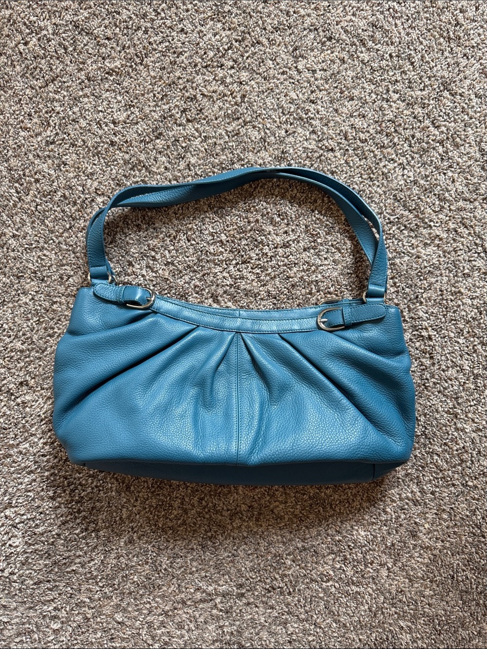 Bloomingdale's Teal Leather Shoulder Bag - SEE ONE INTERIOR STAIN